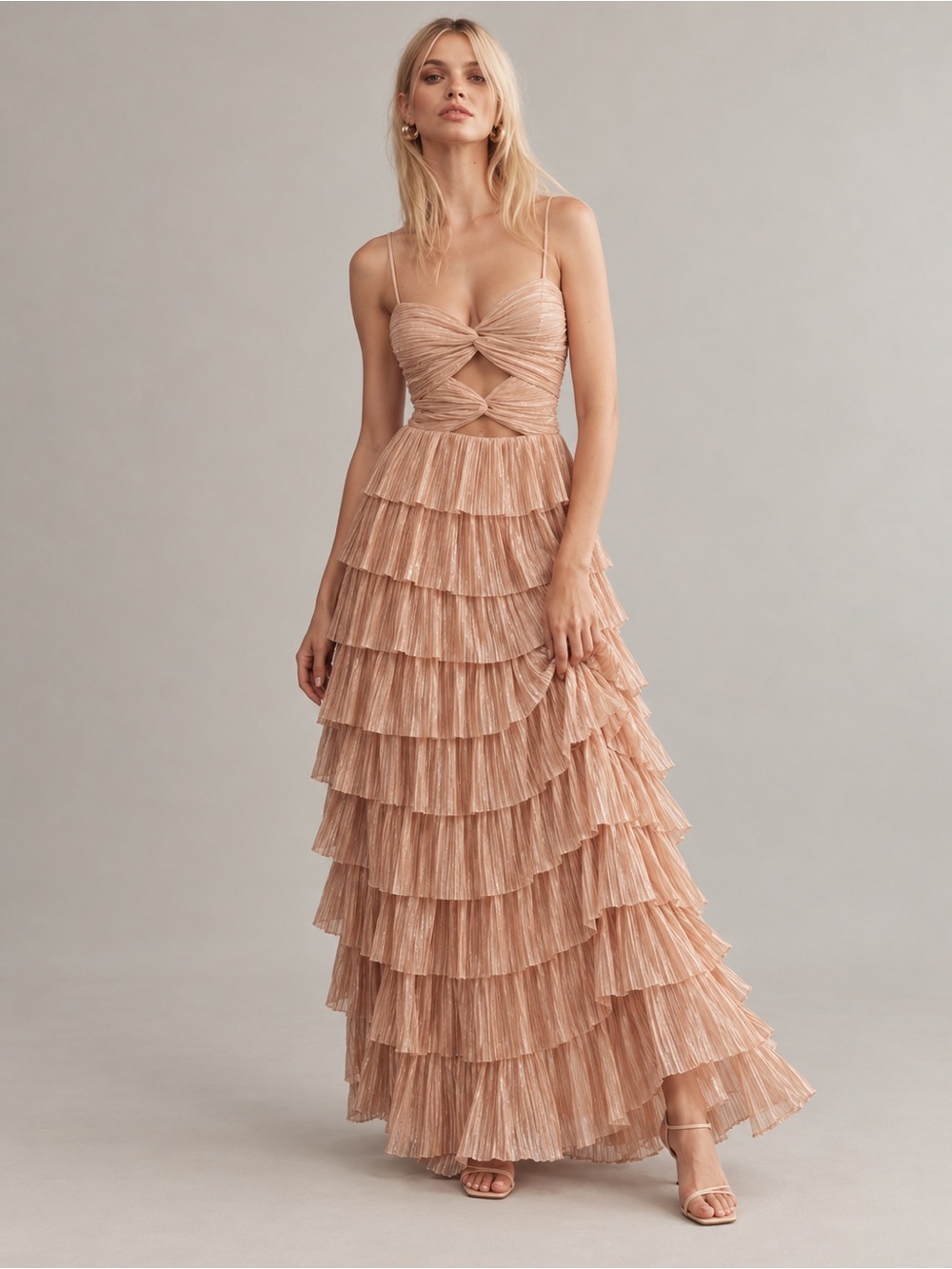 NWT Gianni Bini Grace Metallic Plissé Cutout Tiered Maxi Dress Sz 10